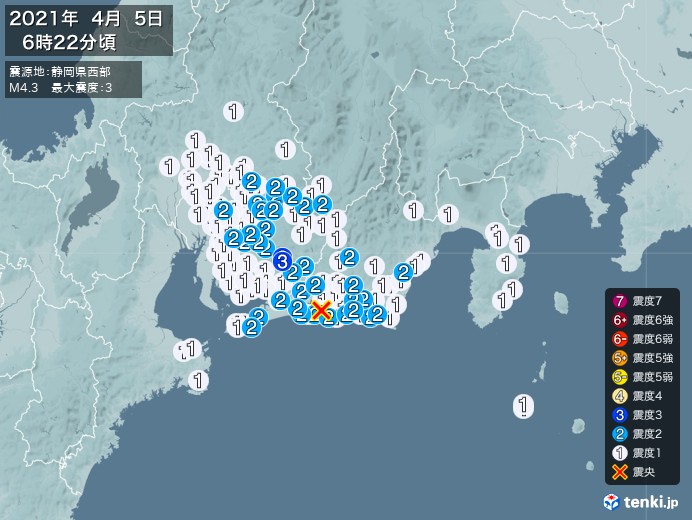 地震情報(2021年04月05日06時22分発生)