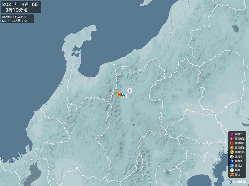 地震情報 2021年04月06日 03時19分頃発生 最大震度：2 震源地：長野県北部(拡大画像)