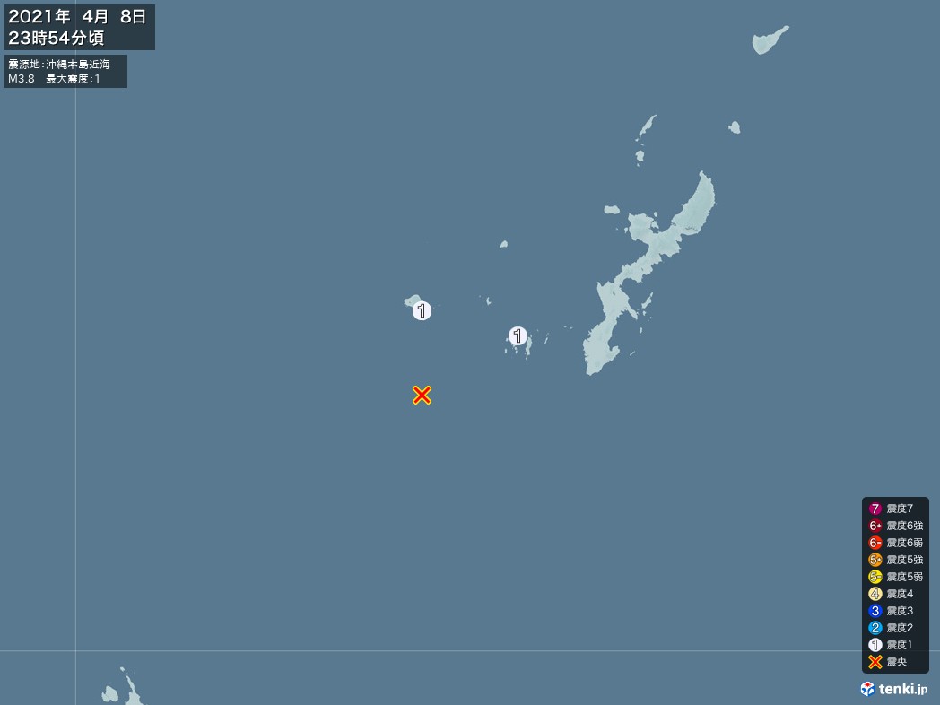 地震情報 2021年04月08日 23時54分頃発生 最大震度：1 震源地：沖縄本島近海(拡大画像)