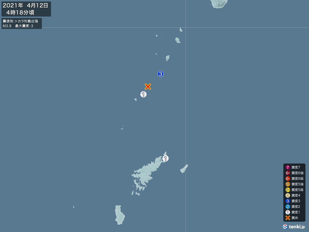地震情報 2021年04月12日 04時18分頃発生 最大震度：3 震源地：トカラ列島近海(拡大画像)