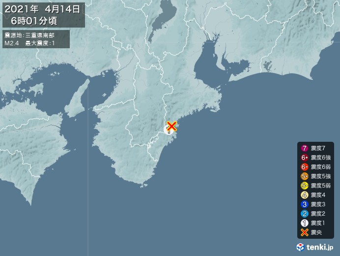 地震情報(2021年04月14日06時01分発生)