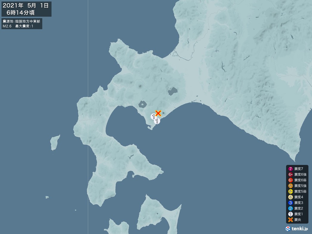 地震情報 2021年05月01日 06時14分頃発生 最大震度：1 震源地：胆振地方中東部(拡大画像)