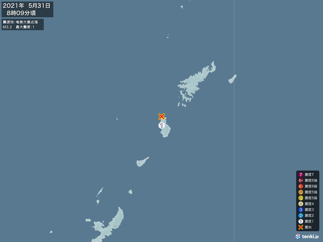 地震情報 2021年05月31日 08時09分頃発生 最大震度：1 震源地：奄美大島近海(拡大画像)