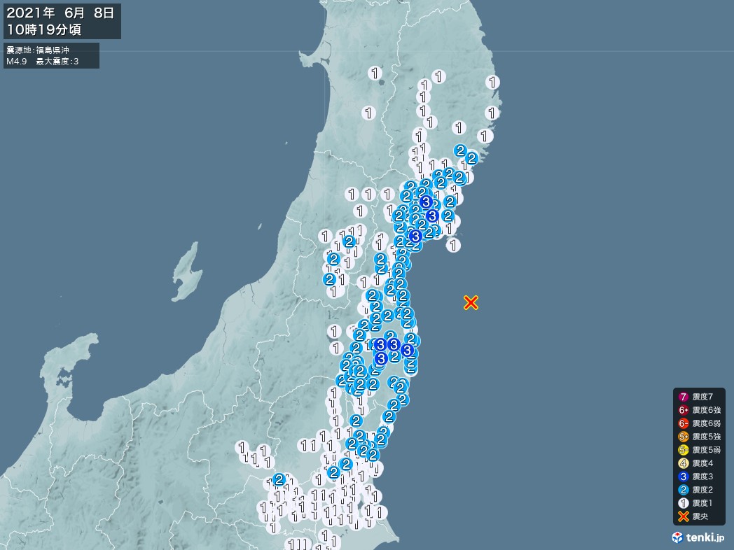 地震情報 2021年06月08日 10時19分頃発生 最大震度：3 震源地：福島県沖(拡大画像)