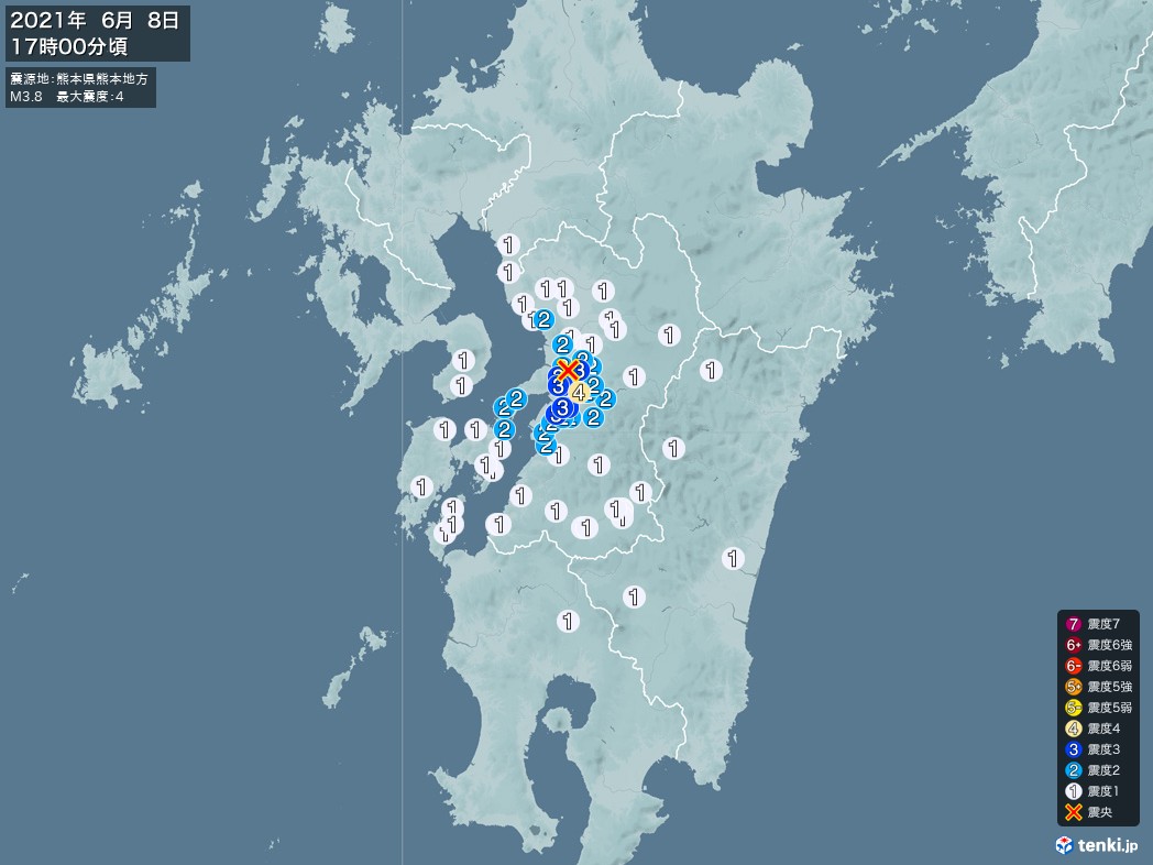 地震情報 2021年06月08日 17時00分頃発生 最大震度：4 震源地：熊本県熊本地方(拡大画像)