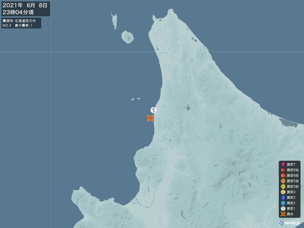 地震情報 2021年06月08日 23時04分頃発生 最大震度：1 震源地：北海道西方沖(拡大画像)