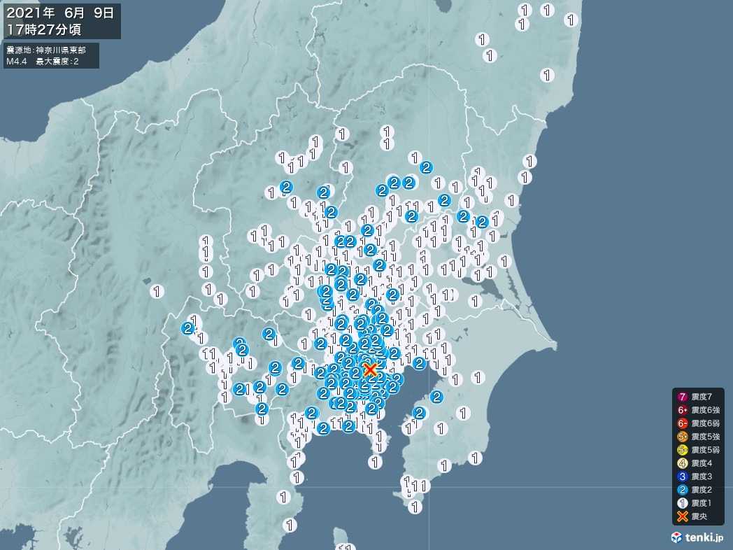 地震情報 2021年06月09日 17時27分頃発生 最大震度：2 震源地：神奈川県東部(拡大画像)