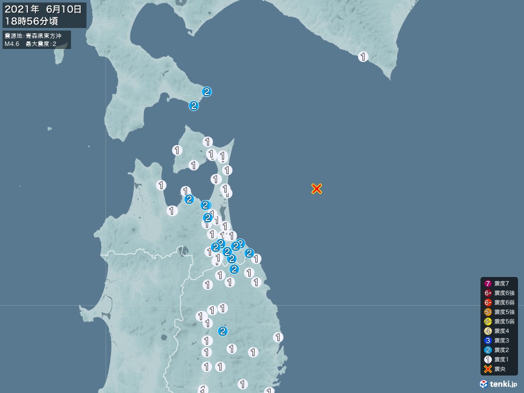 地震情報 2021年06月10日 18時56分頃発生 最大震度：2 震源地：青森県東方沖(拡大画像)