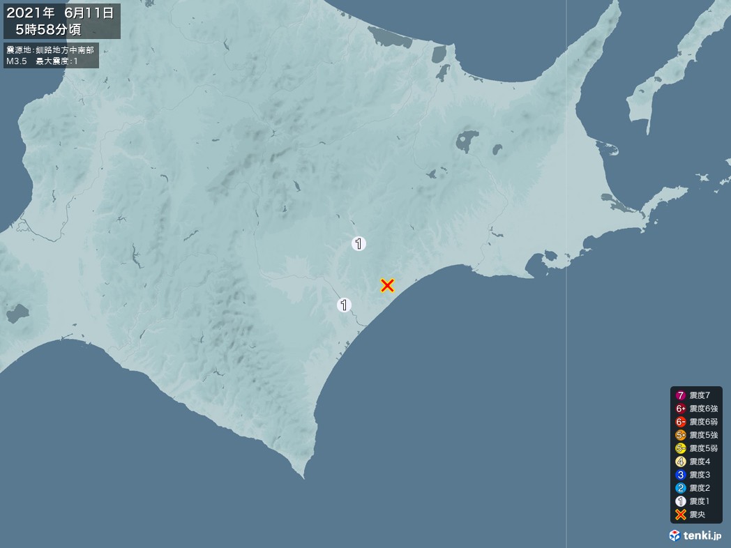 地震情報 2021年06月11日 05時58分頃発生 最大震度：1 震源地：釧路地方中南部(拡大画像)