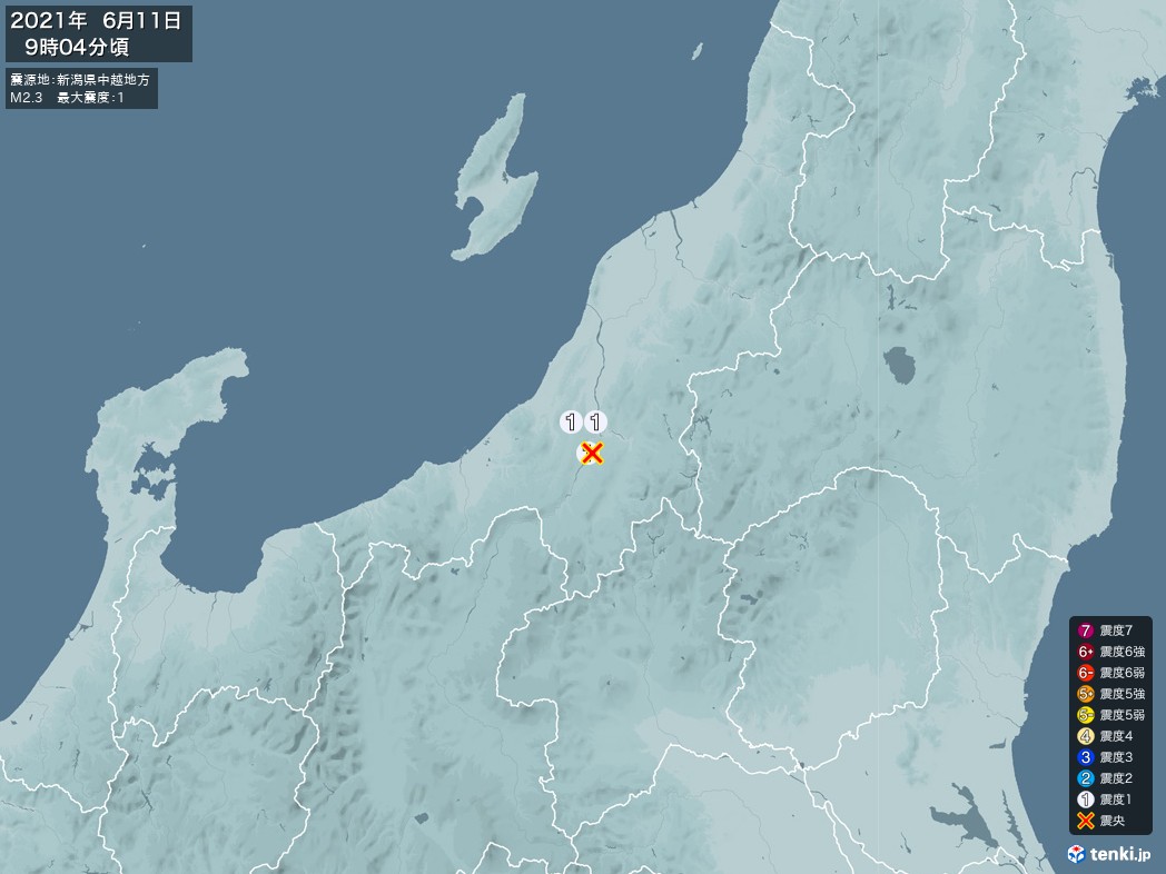 地震情報 2021年06月11日 09時04分頃発生 最大震度：1 震源地：新潟県中越地方(拡大画像)