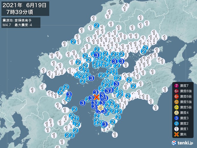 地震情報 21年06月19日 07時39分頃発生 最大震度 4 震源地 愛媛県南予 日本気象協会 Tenki Jp