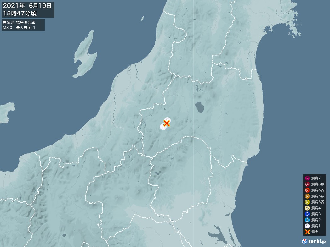 地震情報 2021年06月19日 15時47分頃発生 最大震度：1 震源地：福島県会津(拡大画像)