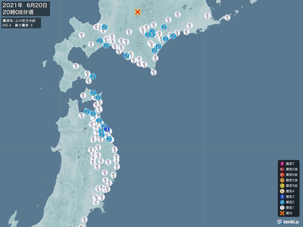 地震情報 2021年06月20日 20時08分頃発生 最大震度：3 震源地：上川地方中部(拡大画像)