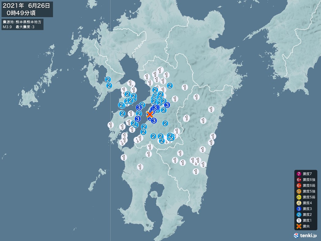 地震情報 2021年06月26日 00時49分頃発生 最大震度：3 震源地：熊本県熊本地方(拡大画像)