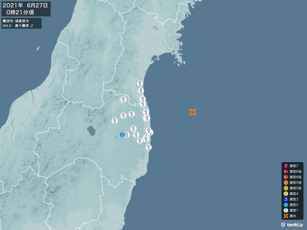 地震情報 2021年06月27日 00時21分頃発生 最大震度：2 震源地：福島県沖(拡大画像)