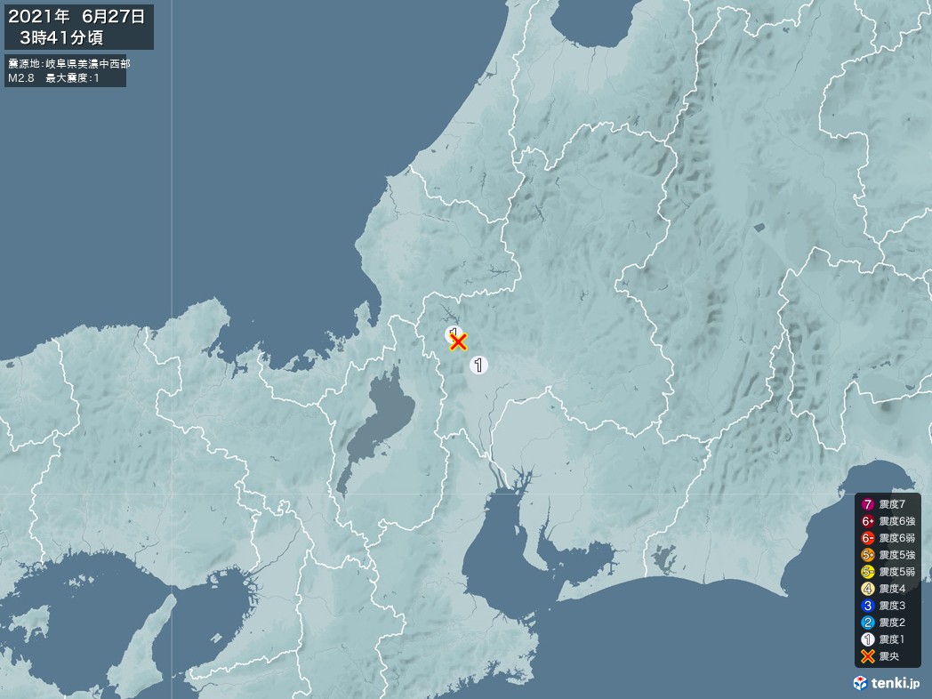 地震情報 2021年06月27日 03時41分頃発生 最大震度：1 震源地：岐阜県美濃中西部(拡大画像)