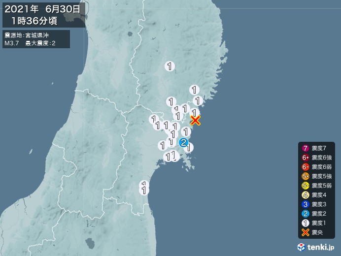 地震情報(2021年06月30日01時36分発生)