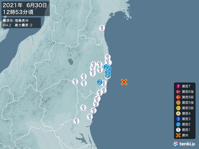 地震情報(2021年06月30日12時53分発生)