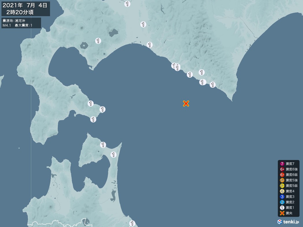 地震情報 2021年07月04日 02時20分頃発生 最大震度：1 震源地：浦河沖(拡大画像)