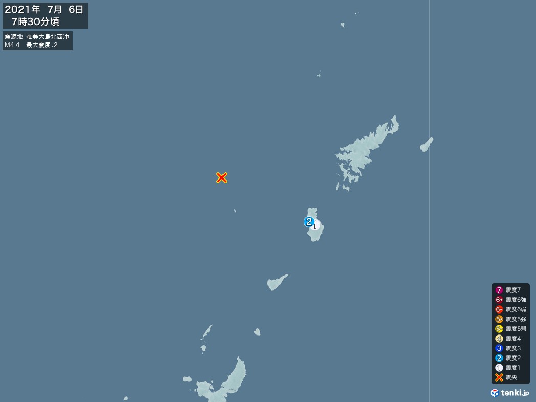 地震情報 2021年07月06日 07時30分頃発生 最大震度：2 震源地：奄美大島北西沖(拡大画像)