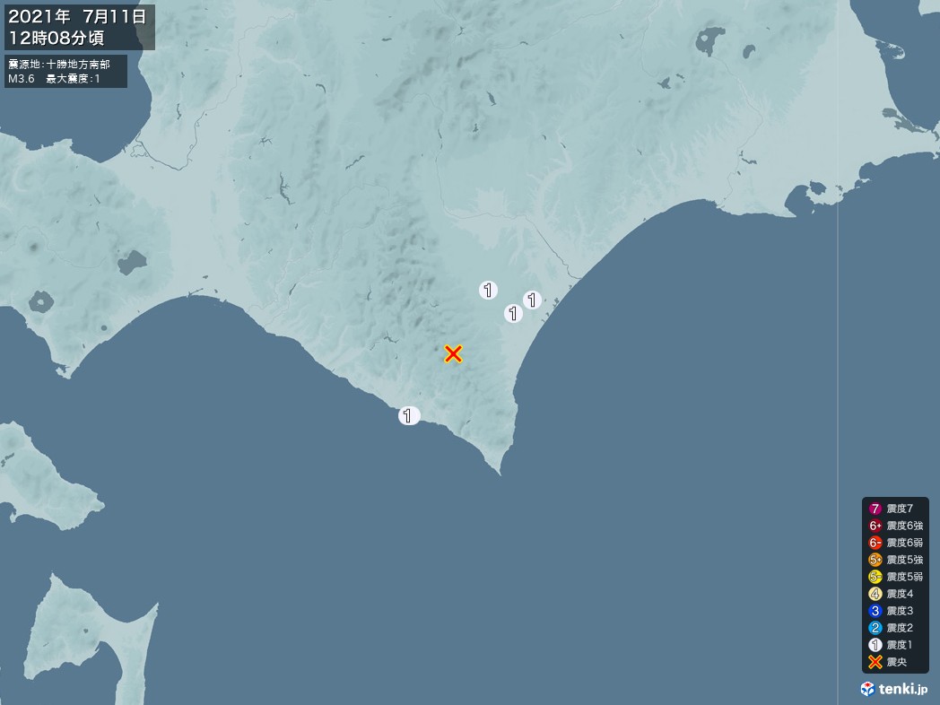 地震情報 2021年07月11日 12時08分頃発生 最大震度：1 震源地：十勝地方南部(拡大画像)