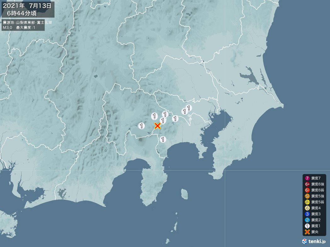 地震情報 2021年07月13日 06時44分頃発生 最大震度：1 震源地：山梨県東部・富士五湖(拡大画像)