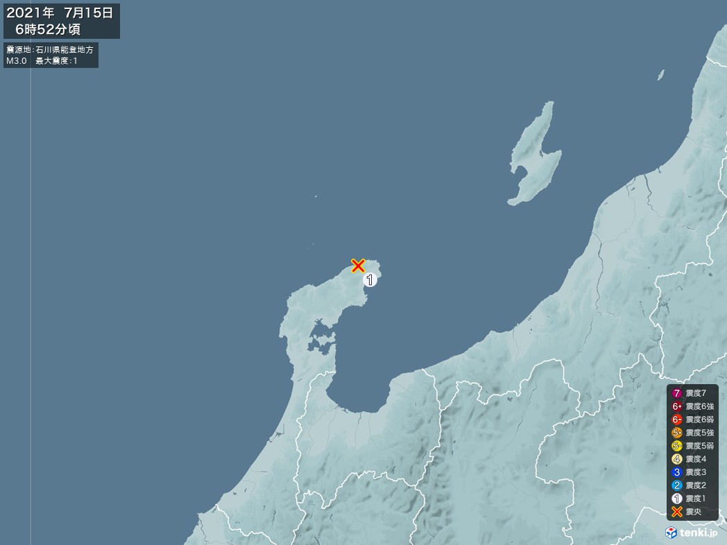 地震情報 2021年07月15日 06時52分頃発生 最大震度：1 震源地：石川県能登地方(拡大画像)