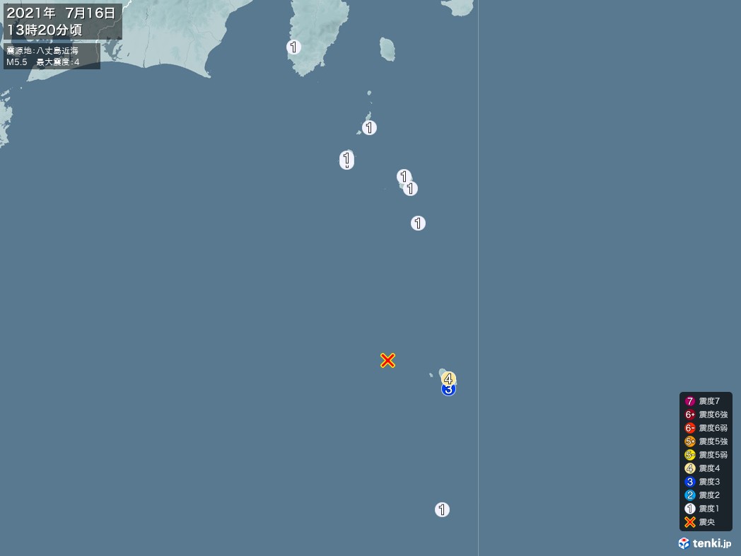 地震情報 2021年07月16日 13時20分頃発生 最大震度：4 震源地：八丈島近海(拡大画像)