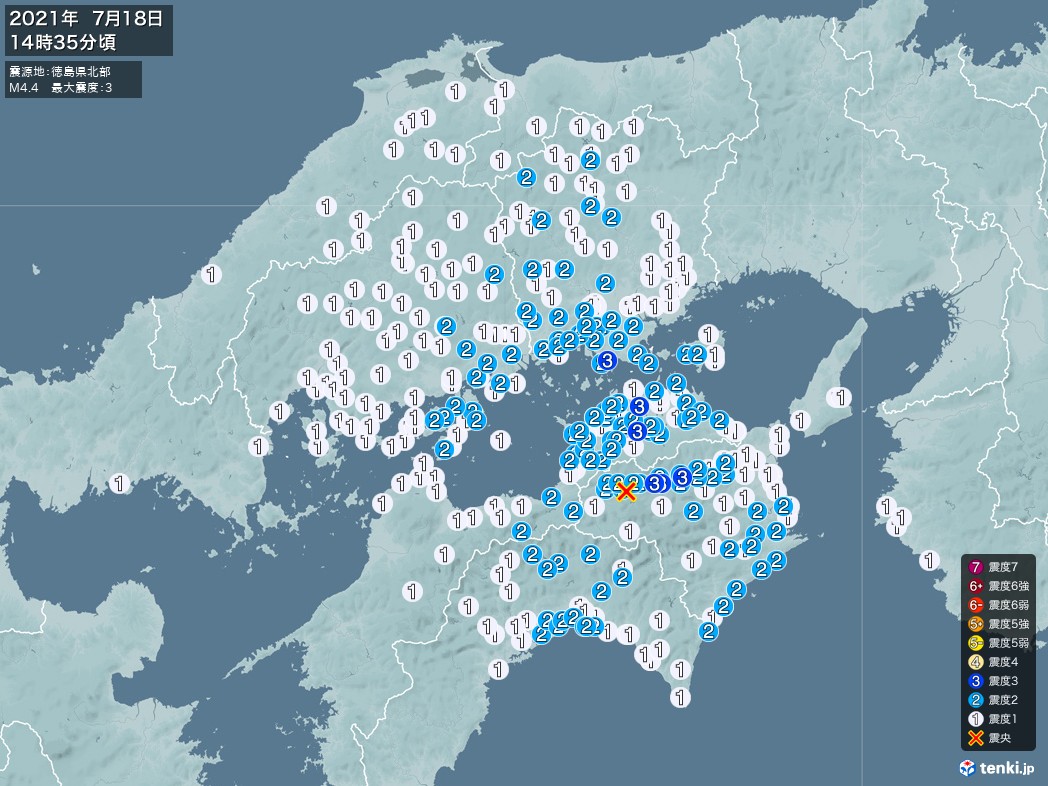 地震情報 2021年07月18日 14時35分頃発生 最大震度：3 震源地：徳島県北部(拡大画像)
