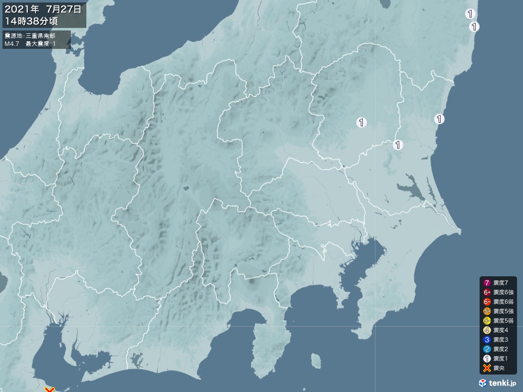地震情報 2021年07月27日 14時38分頃発生 最大震度：1 震源地：三重県南部(拡大画像)