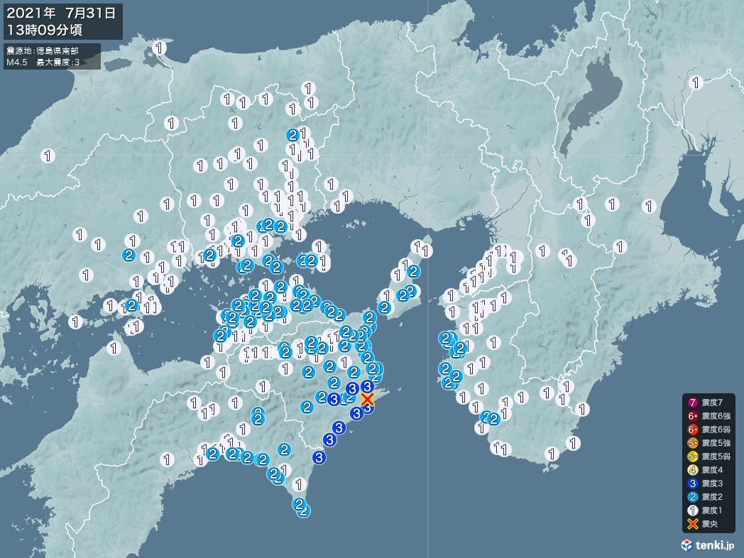 地震情報 2021年07月31日 13時09分頃発生 最大震度：3 震源地：徳島県南部(拡大画像)