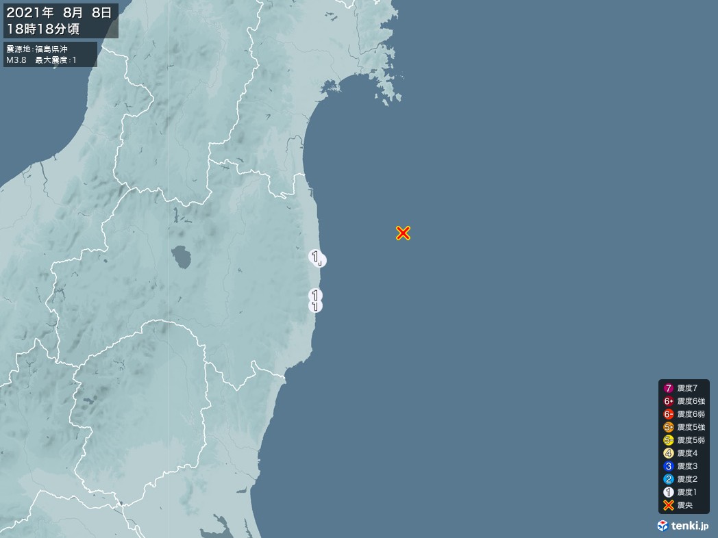 地震情報 2021年08月08日 18時18分頃発生 最大震度：1 震源地：福島県沖(拡大画像)