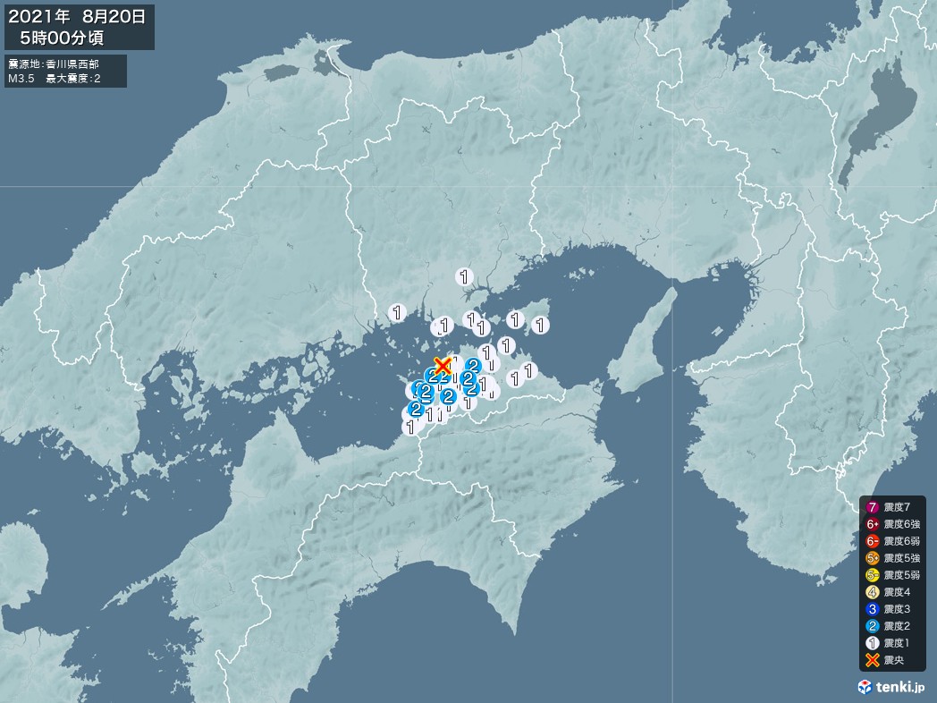 地震情報 2021年08月20日 05時00分頃発生 最大震度：2 震源地：香川県西部(拡大画像)