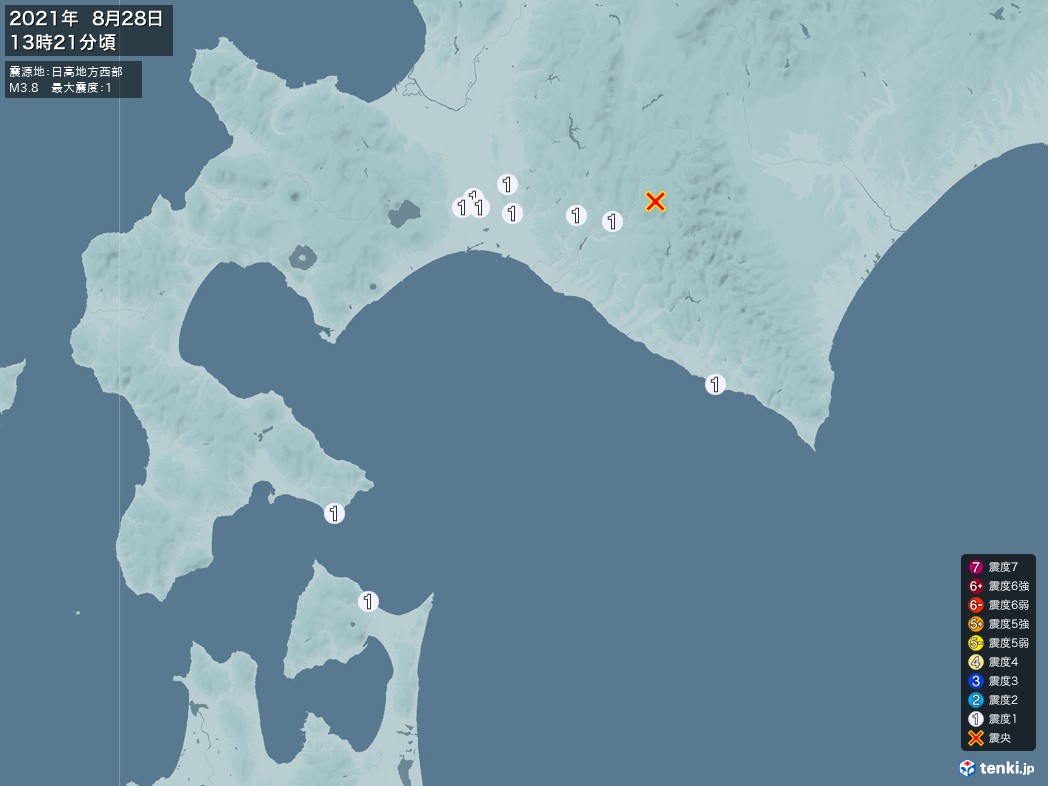 地震情報 2021年08月28日 13時21分頃発生 最大震度：1 震源地：日高地方西部(拡大画像)