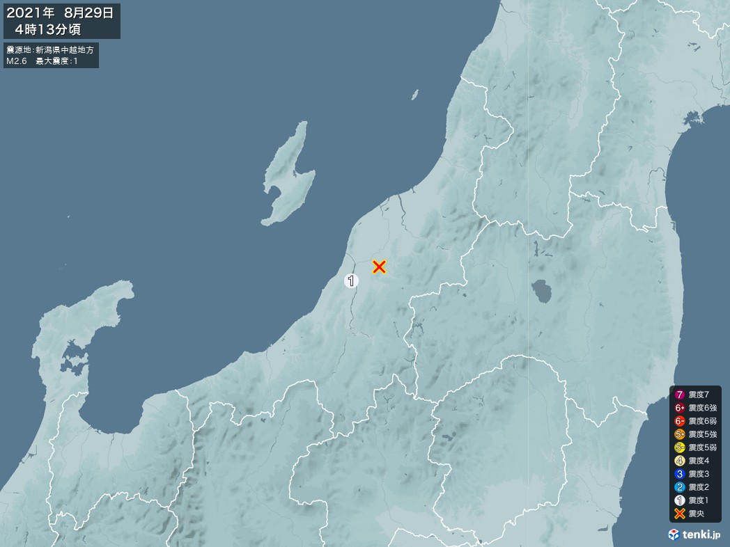 地震情報 2021年08月29日 04時13分頃発生 最大震度：1 震源地：新潟県中越地方(拡大画像)