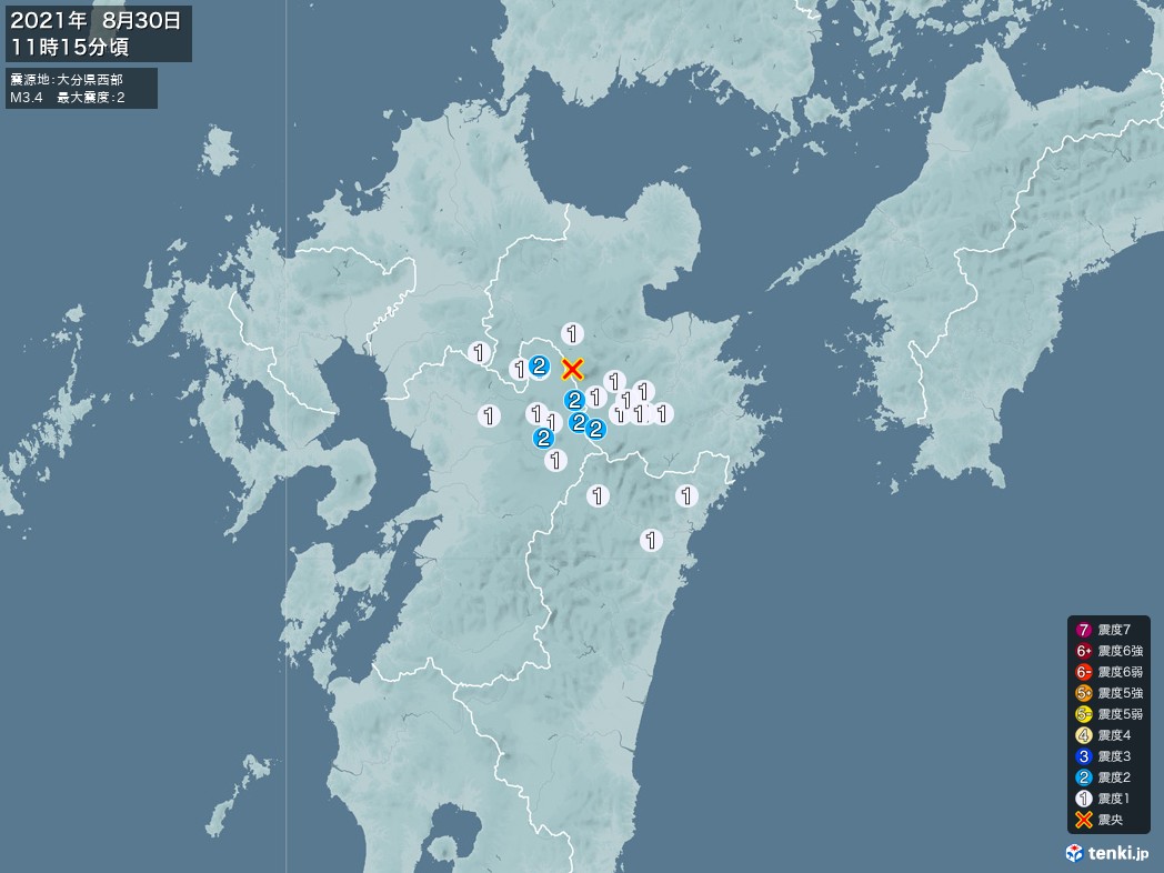地震情報 2021年08月30日 11時15分頃発生 最大震度：2 震源地：大分県西部(拡大画像)