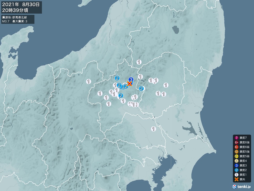 地震情報 2021年08月30日 20時39分頃発生 最大震度：3 震源地：群馬県北部(拡大画像)