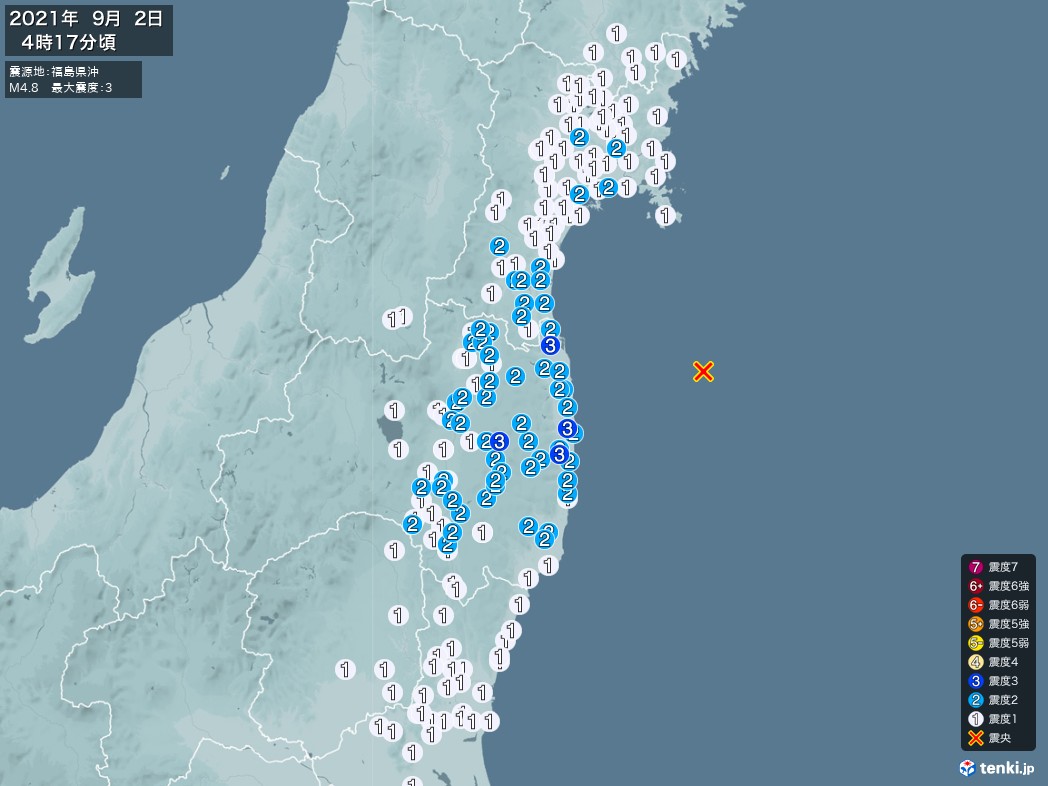 地震情報 2021年09月02日 04時17分頃発生 最大震度：3 震源地：福島県沖(拡大画像)