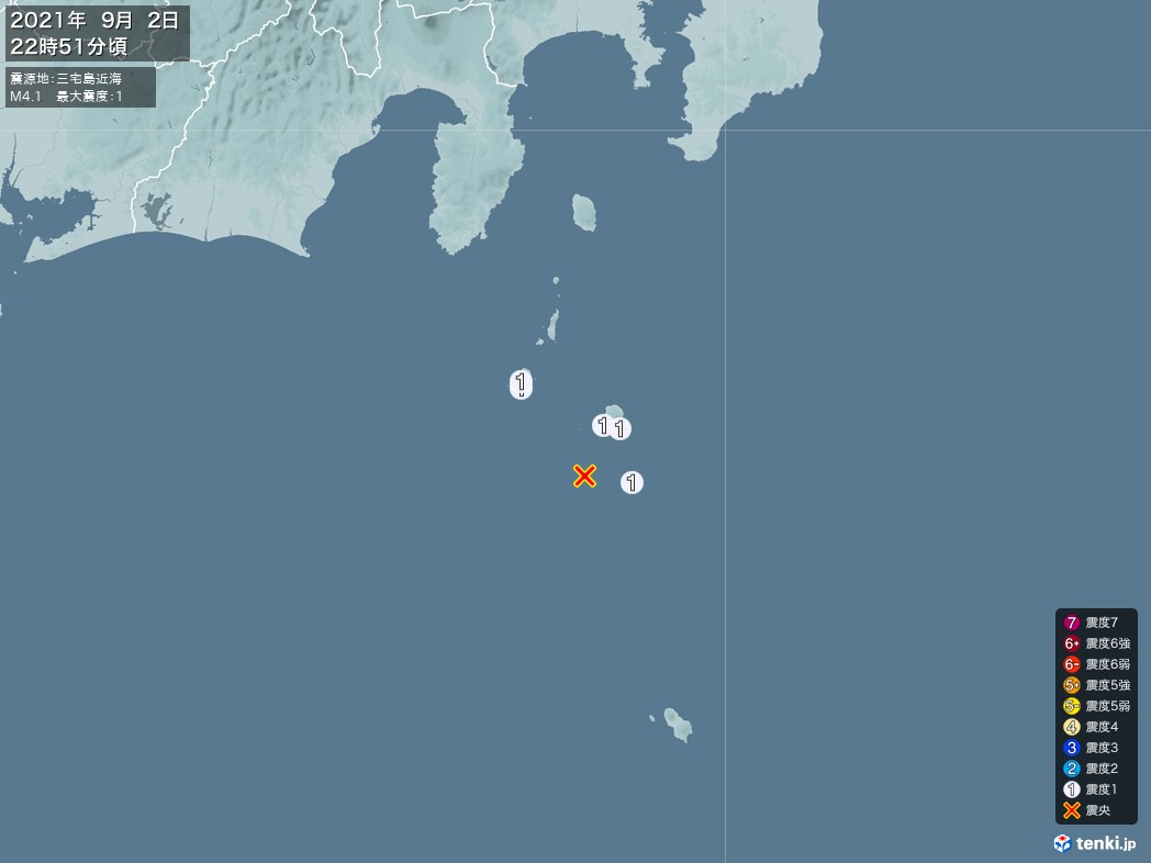 地震情報 2021年09月02日 22時51分頃発生 最大震度：1 震源地：三宅島近海(拡大画像)