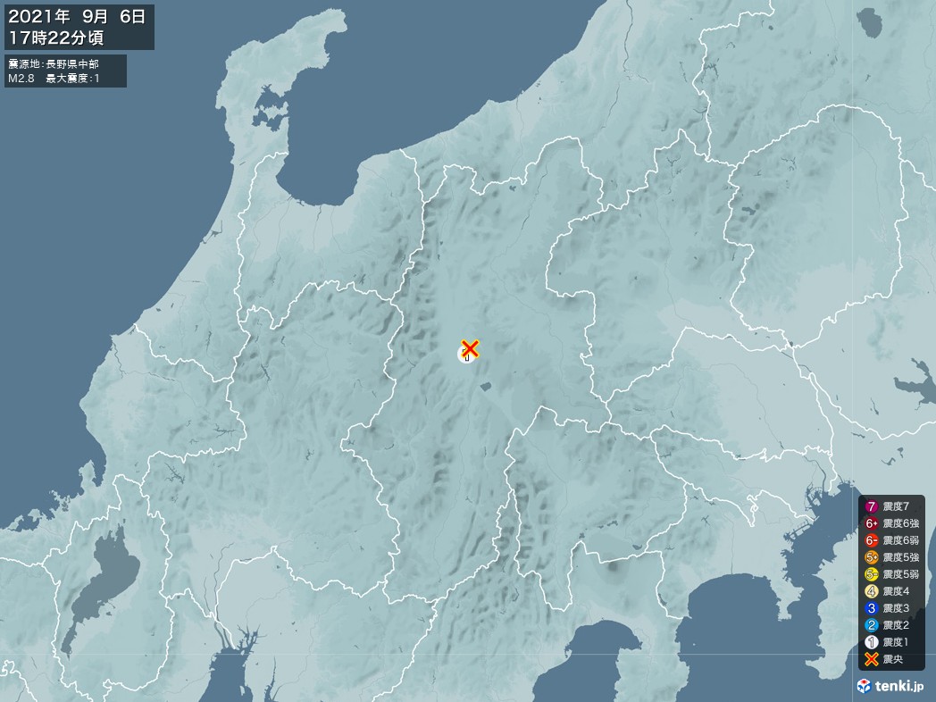地震情報 2021年09月06日 17時22分頃発生 最大震度：1 震源地：長野県中部(拡大画像)