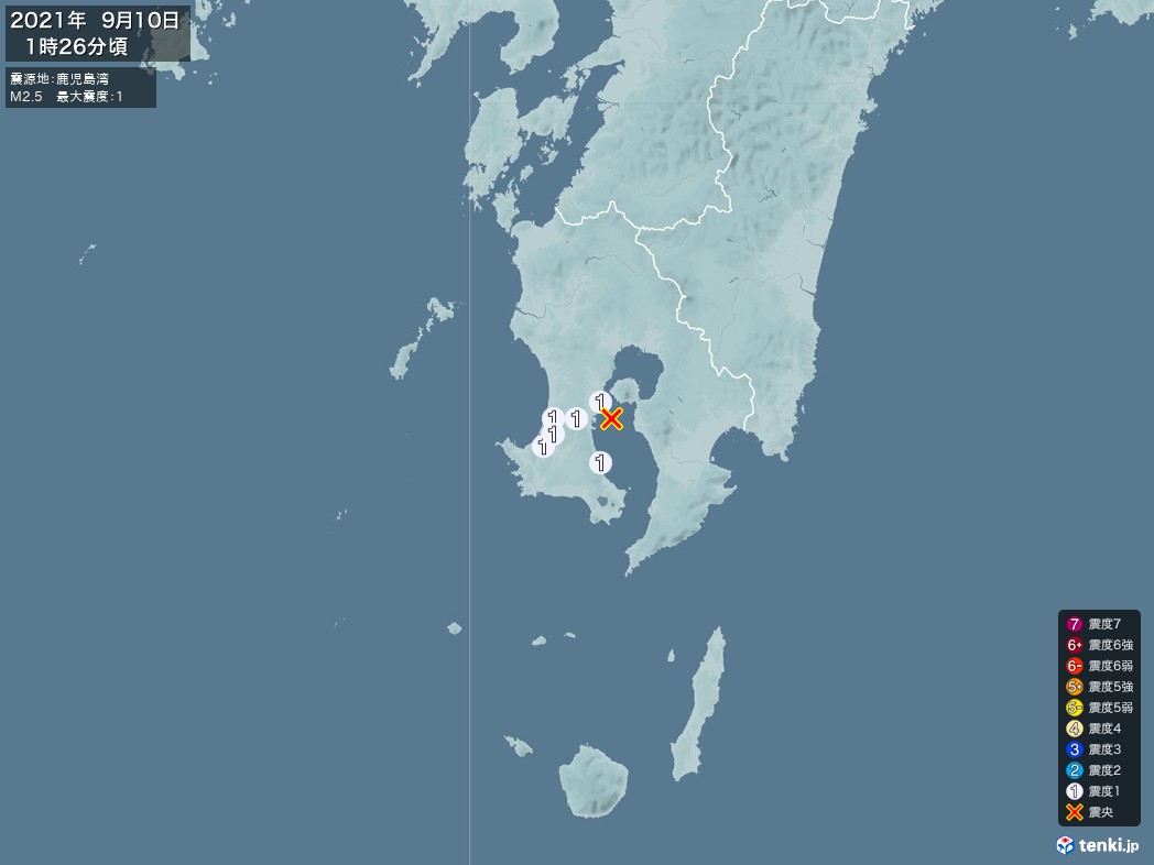 地震情報 2021年09月10日 01時26分頃発生 最大震度：1 震源地：鹿児島湾(拡大画像)