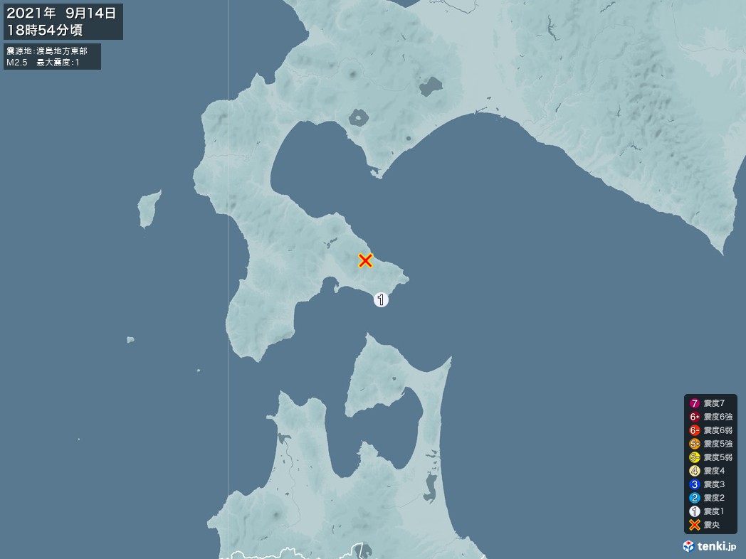 地震情報 2021年09月14日 18時54分頃発生 最大震度：1 震源地：渡島地方東部(拡大画像)
