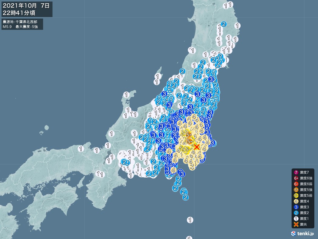 地震情報 2021年10月07日 22時41分頃発生 最大震度：5強 震源地：千葉県北西部(拡大画像)