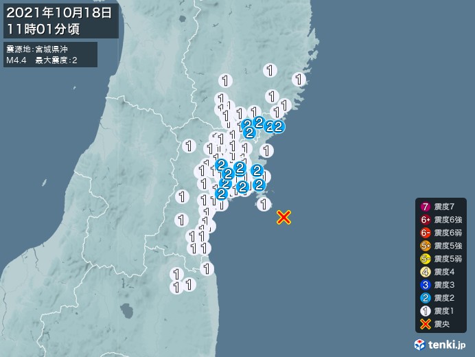 地震情報(2021年10月18日11時01分発生)