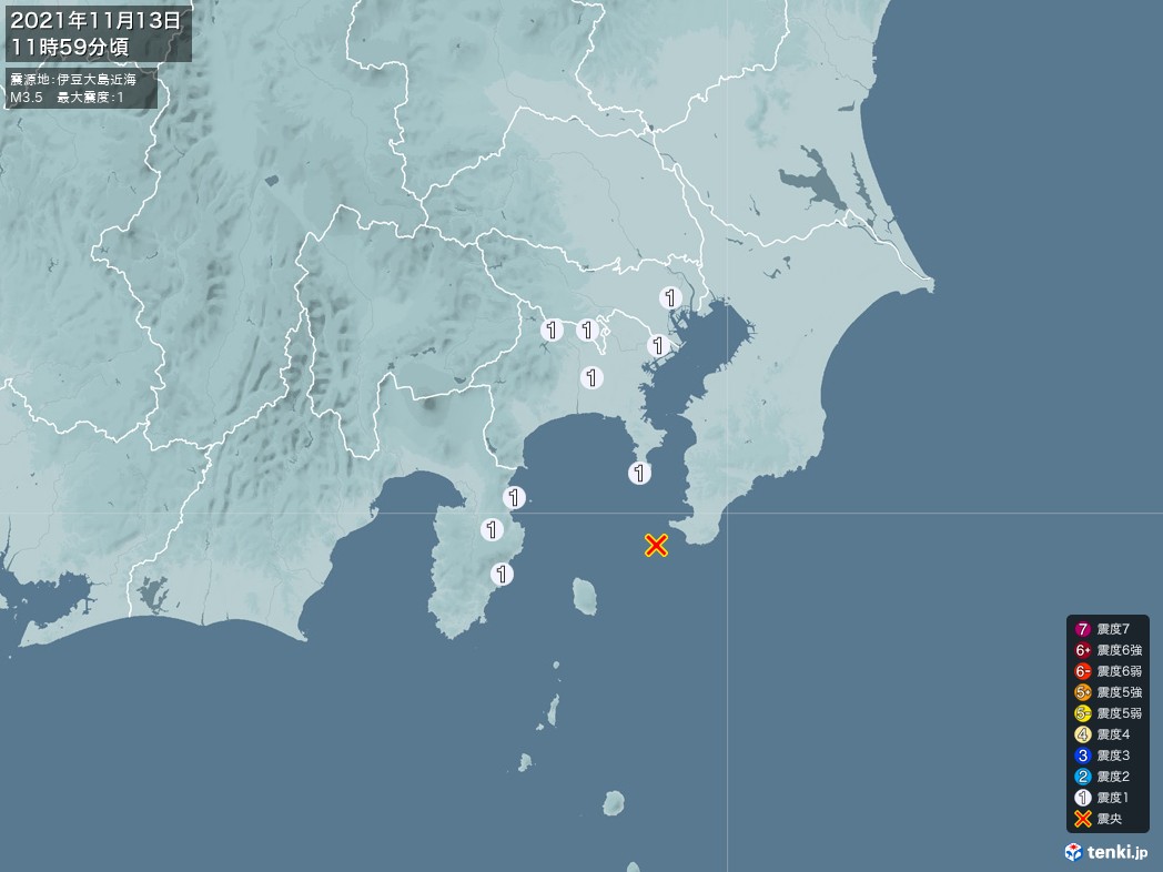 地震情報 2021年11月13日 11時59分頃発生 最大震度：1 震源地：伊豆大島近海(拡大画像)