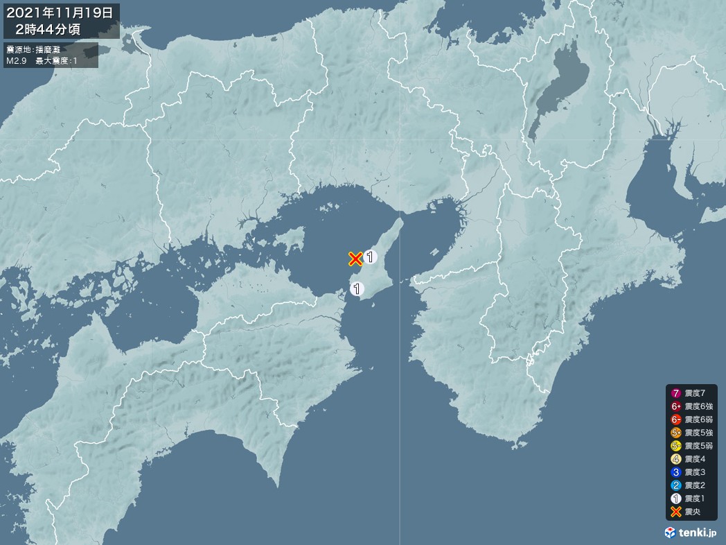 地震情報 2021年11月19日 02時44分頃発生 最大震度：1 震源地：播磨灘(拡大画像)