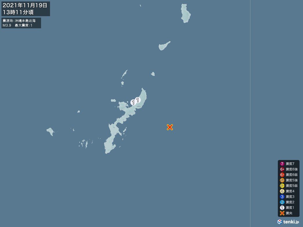 地震情報 2021年11月19日 13時11分頃発生 最大震度：1 震源地：沖縄本島近海(拡大画像)