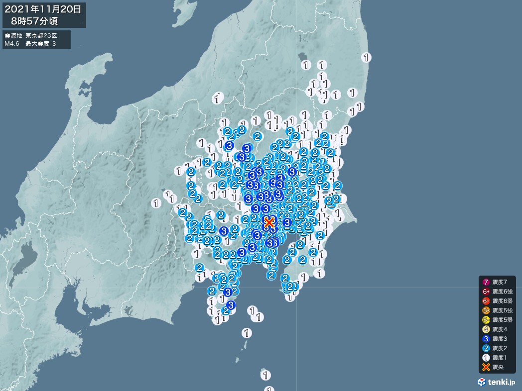 地震情報 2021年11月20日 08時57分頃発生 最大震度：3 震源地：東京都２３区(拡大画像)