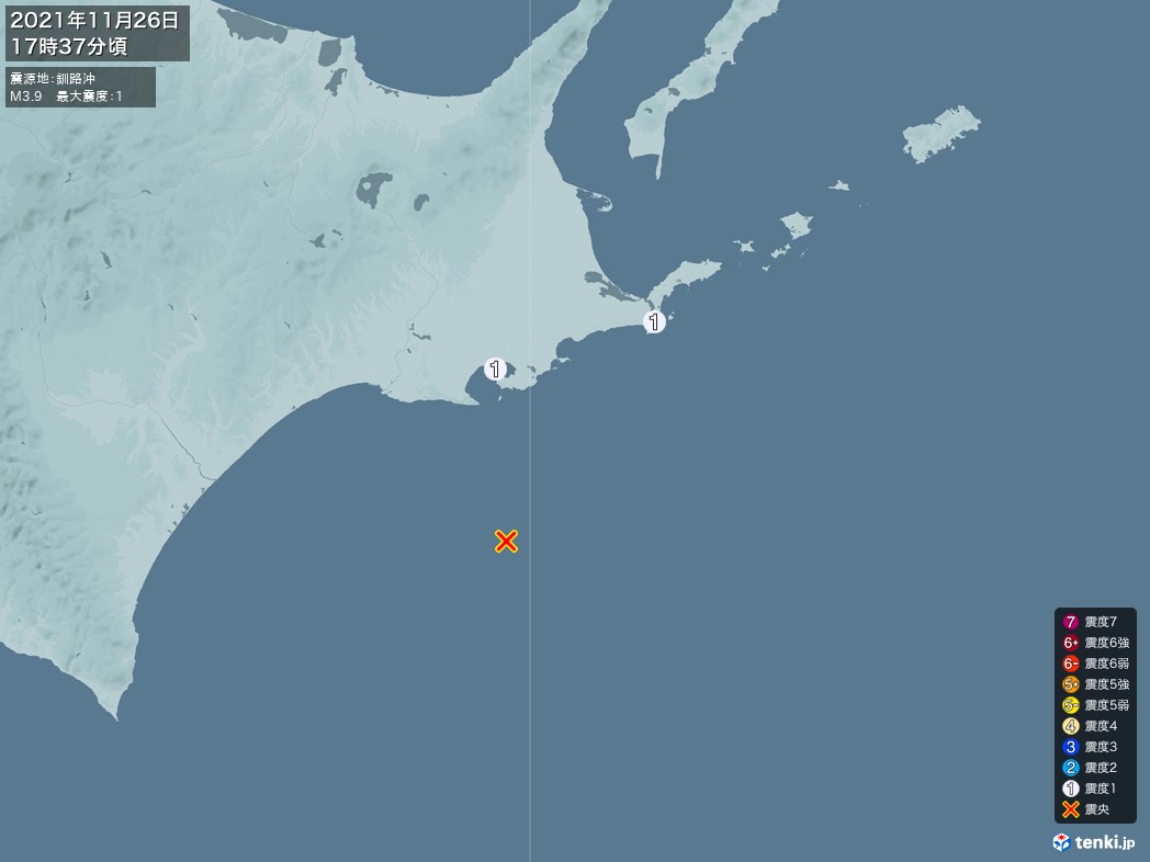地震情報 2021年11月26日 17時37分頃発生 最大震度：1 震源地：釧路沖(拡大画像)