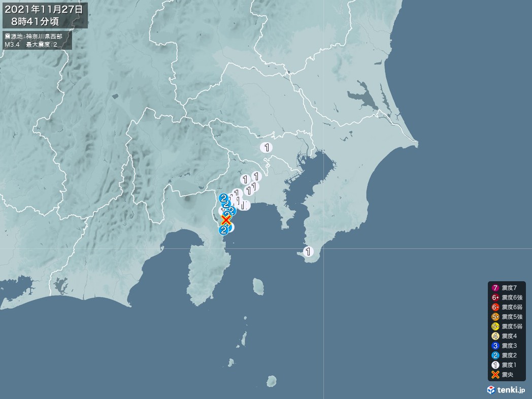 地震情報 2021年11月27日 08時41分頃発生 最大震度：2 震源地：神奈川県西部(拡大画像)